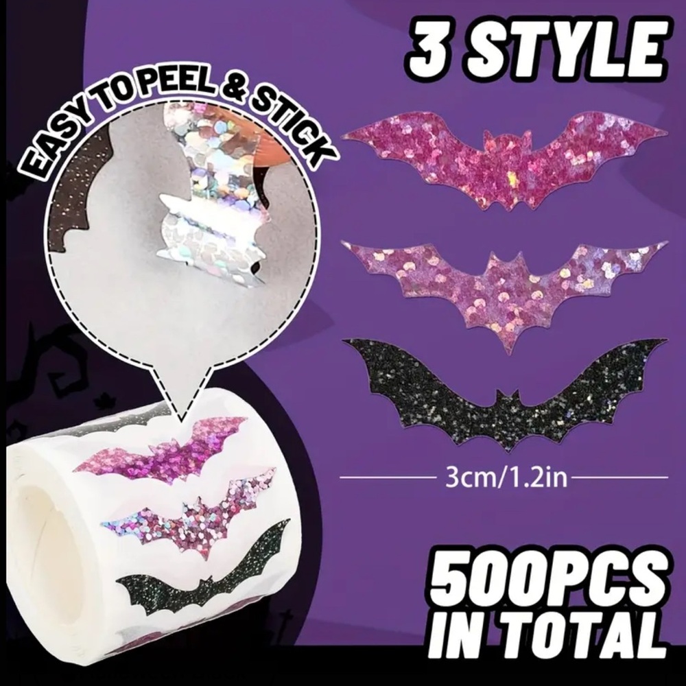 PRICE IS FIRM - Roll of 500 Glitter (3 different colors) Pink Black Bat Stickers